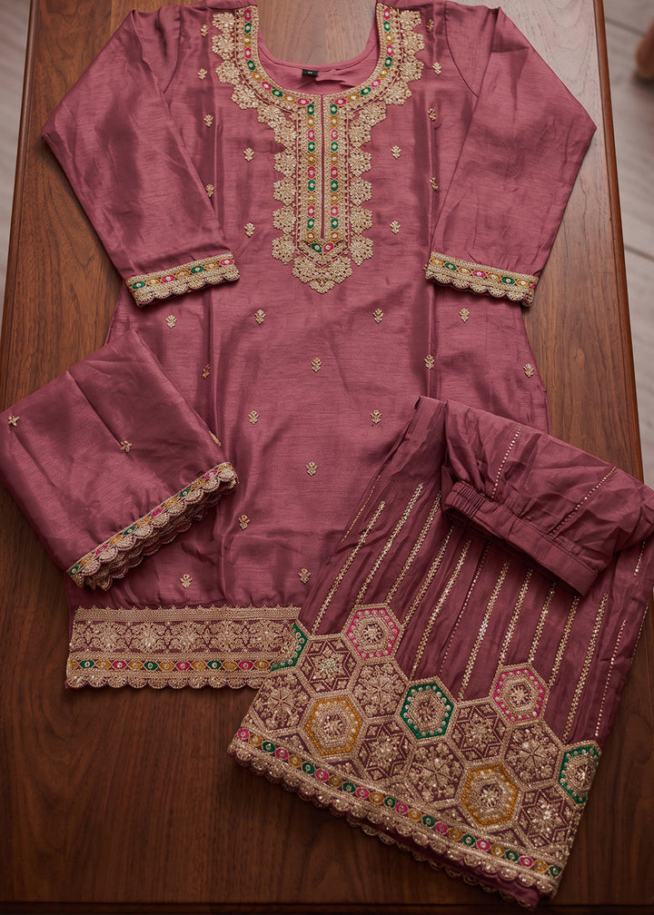 Lilac Purple Chinon Silk Sharara Suit with Ornamental Embroidery