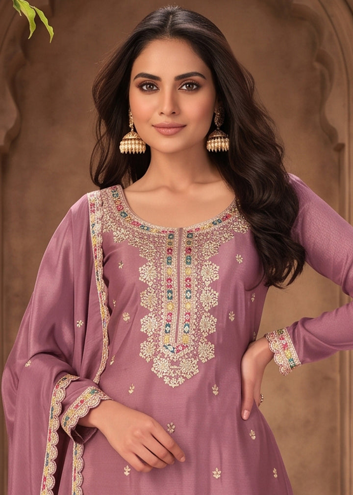 Lilac Purple Chinon Silk Sharara Suit with Ornamental Embroidery