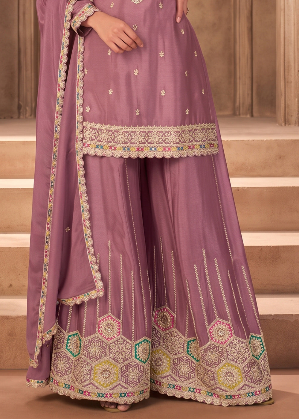 Lilac Purple Chinon Silk Sharara Suit with Ornamental Embroidery