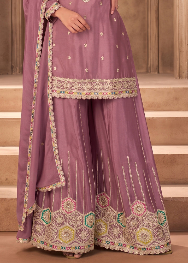 Lilac Purple Chinon Silk Sharara Suit with Ornamental Embroidery