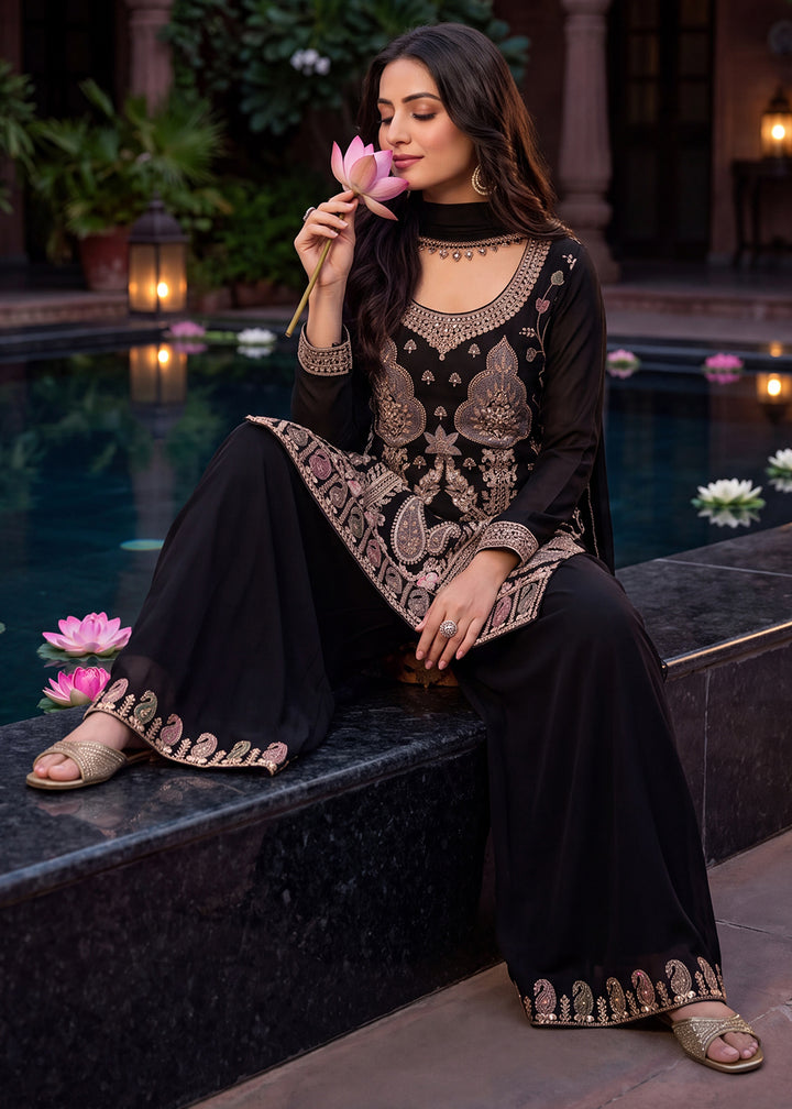 Jet Black Chinon Silk Palazzo Suit Set with Zardozi Paisley Embroidery