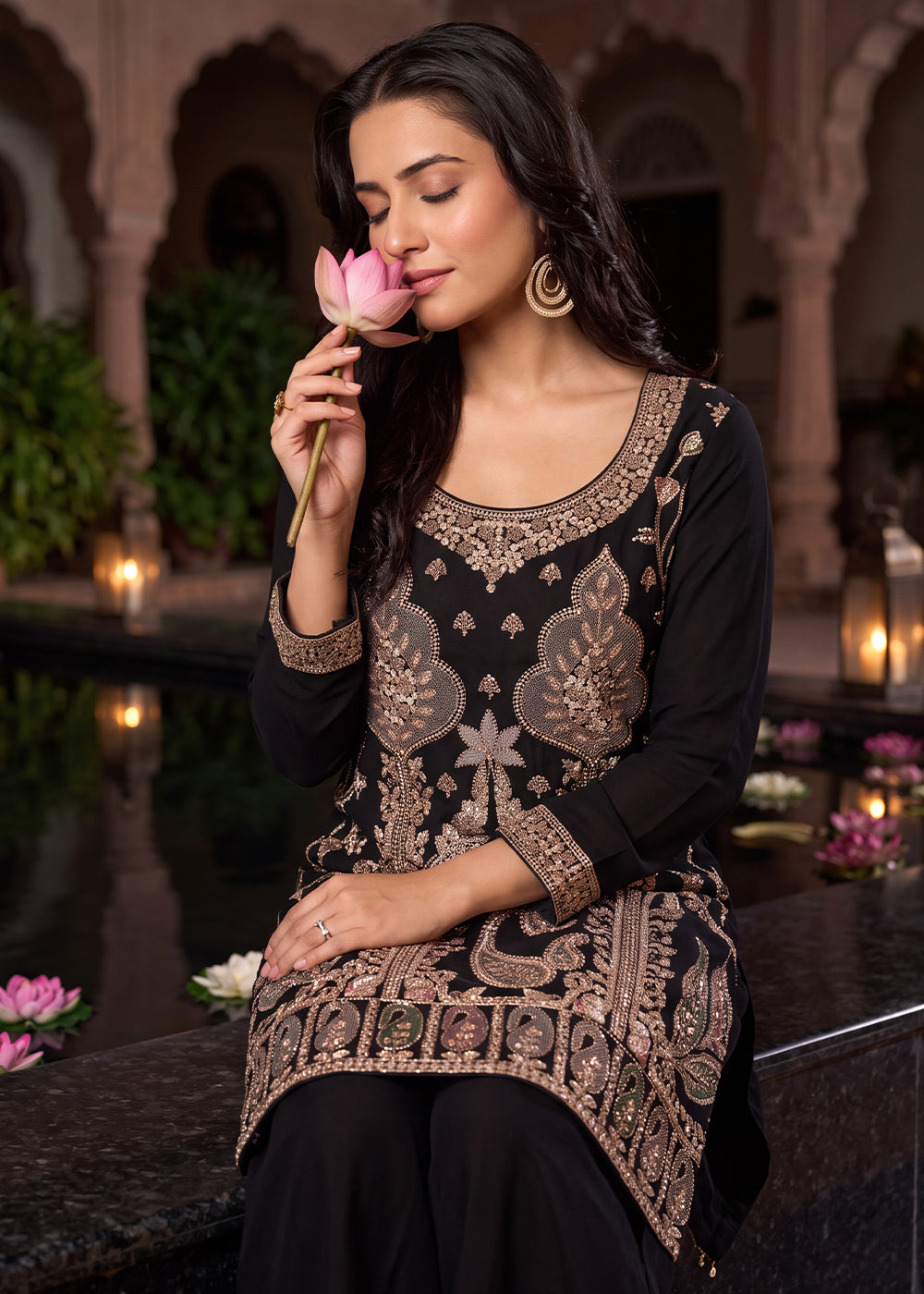 Jet Black Chinon Silk Palazzo Suit Set with Zardozi Paisley Embroidery