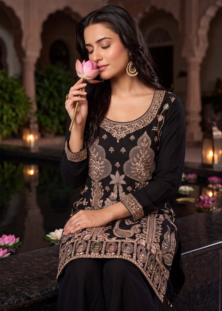 Jet Black Chinon Silk Palazzo Suit Set with Zardozi Paisley Embroidery