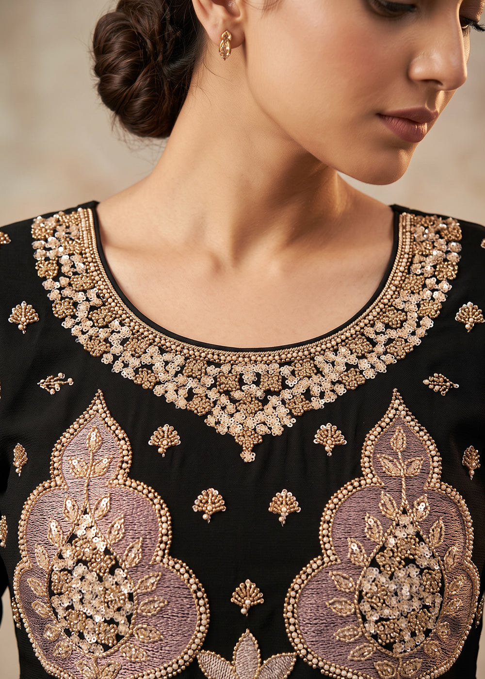 Jet Black Chinon Silk Palazzo Suit Set with Zardozi Paisley Embroidery