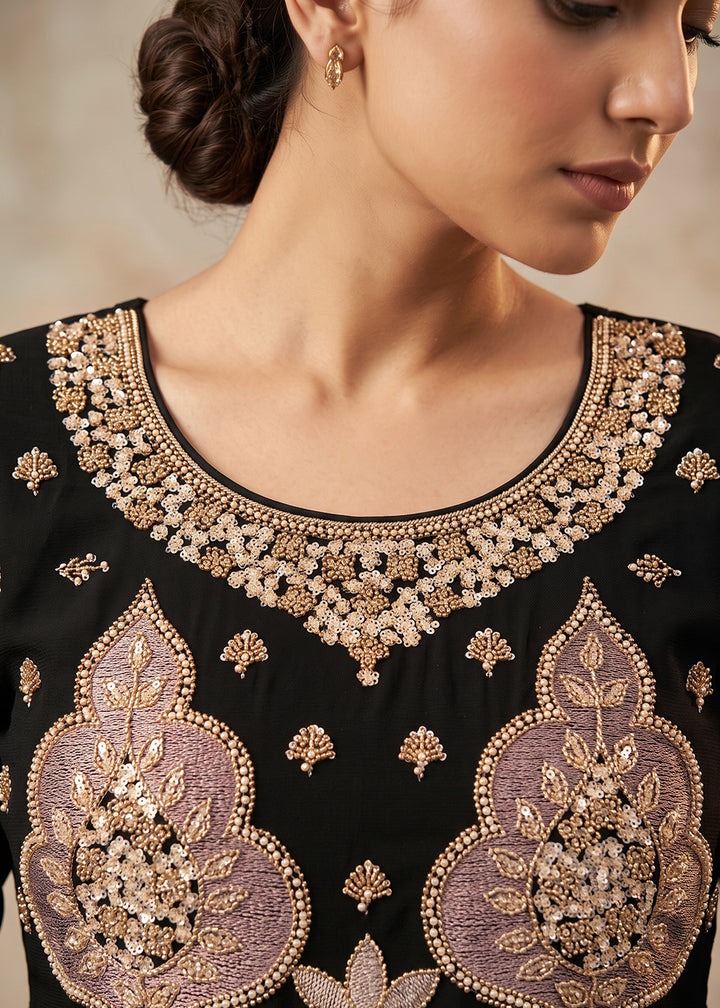 Jet Black Chinon Silk Palazzo Suit Set with Zardozi Paisley Embroidery