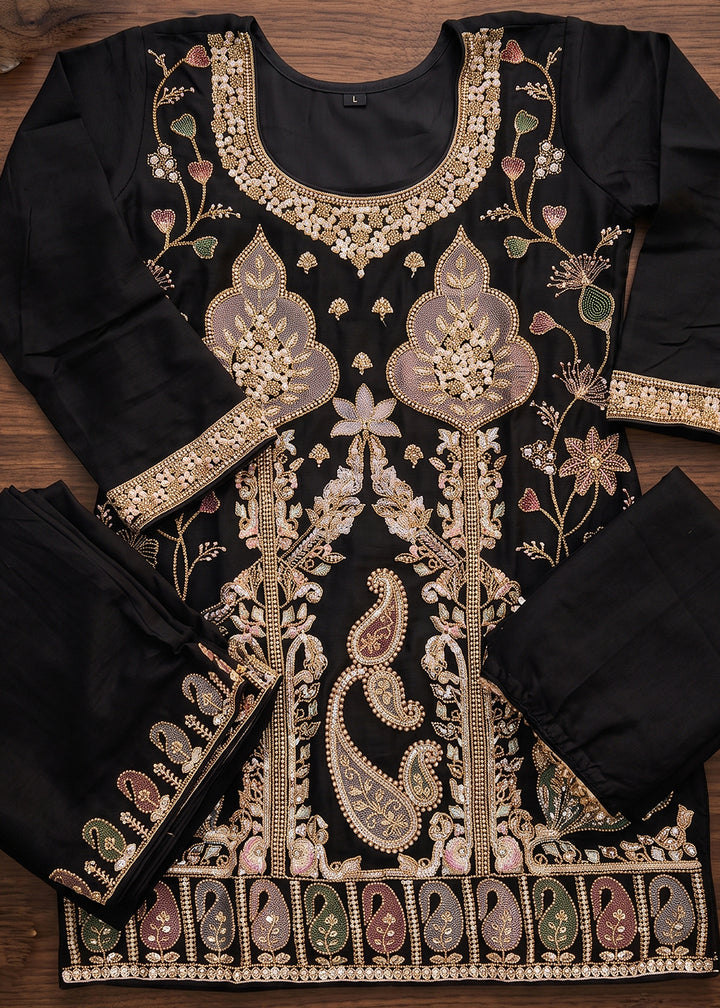 Jet Black Chinon Silk Palazzo Suit Set with Zardozi Paisley Embroidery
