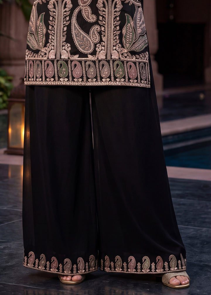 Jet Black Chinon Silk Palazzo Suit Set with Zardozi Paisley Embroidery