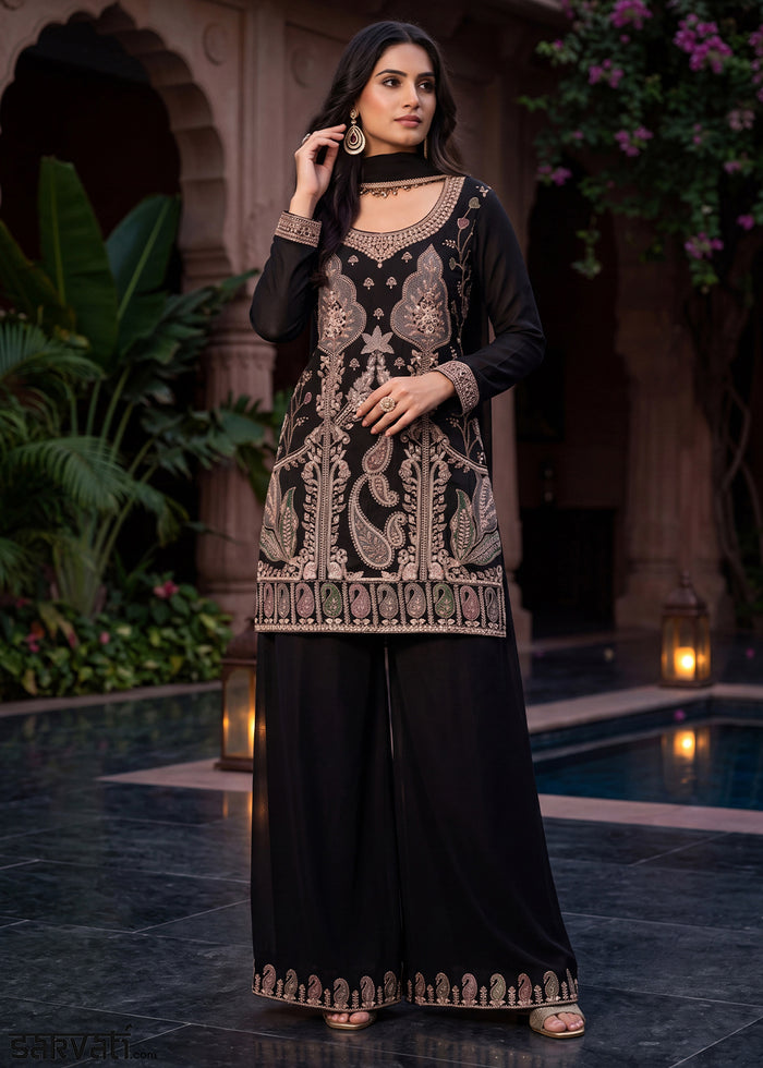 Jet Black Chinon Silk Palazzo Suit Set with Zardozi Paisley Embroidery