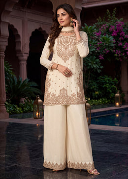 Off White Ivory Chinon Silk Palazzo Suit Set with Zardozi Paisley Embroidery