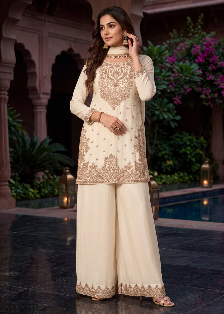 Off White Ivory Chinon Silk Palazzo Suit Set with Zardozi Paisley Embroidery