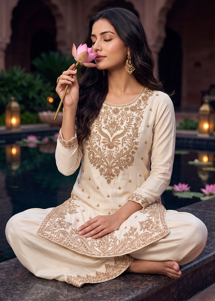 Off White Ivory Chinon Silk Palazzo Suit Set with Zardozi Paisley Embroidery