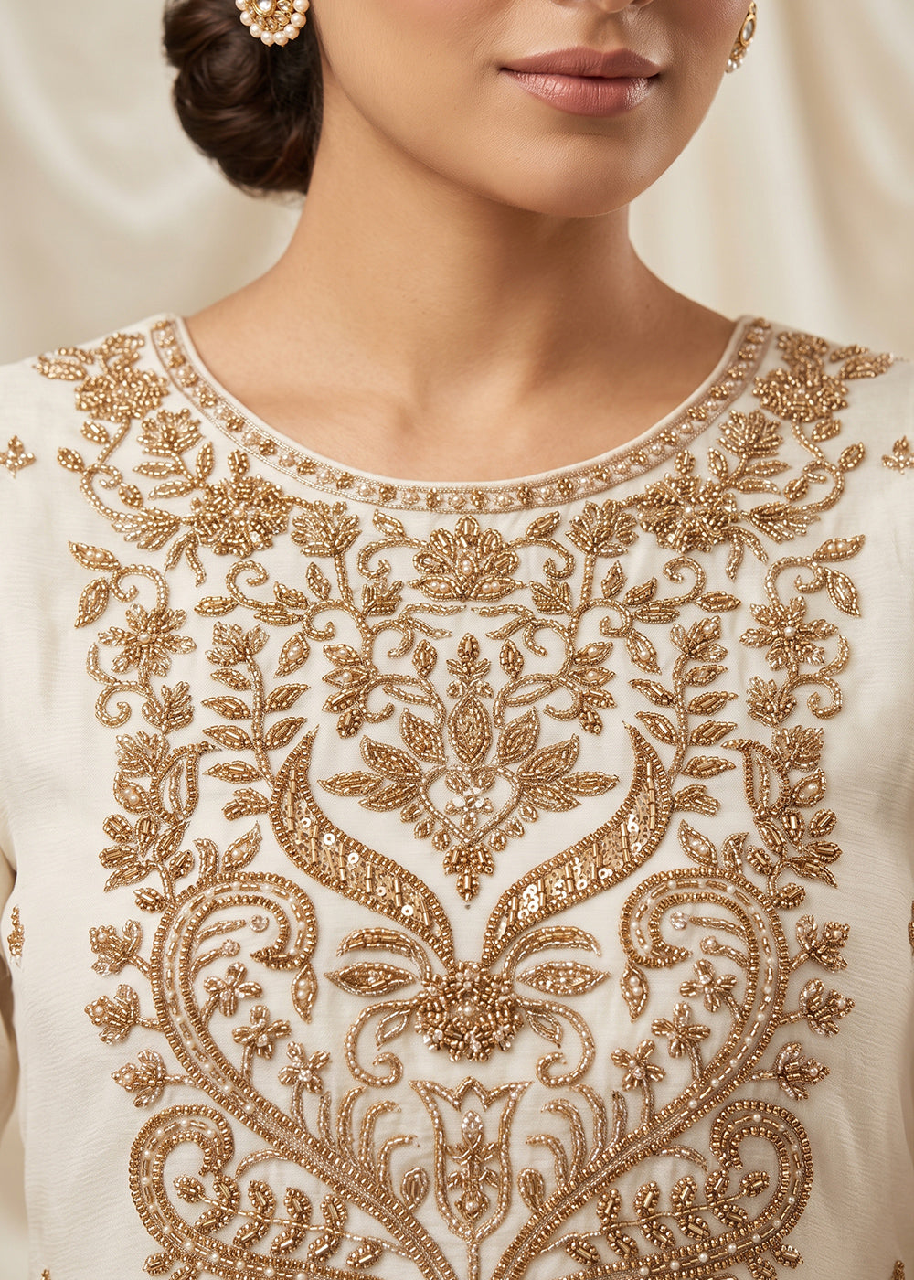 Off White Ivory Chinon Silk Palazzo Suit Set with Zardozi Paisley Embroidery