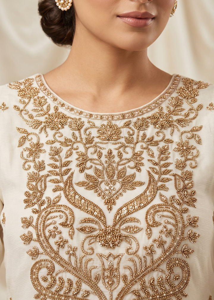 Off White Ivory Chinon Silk Palazzo Suit Set with Zardozi Paisley Embroidery
