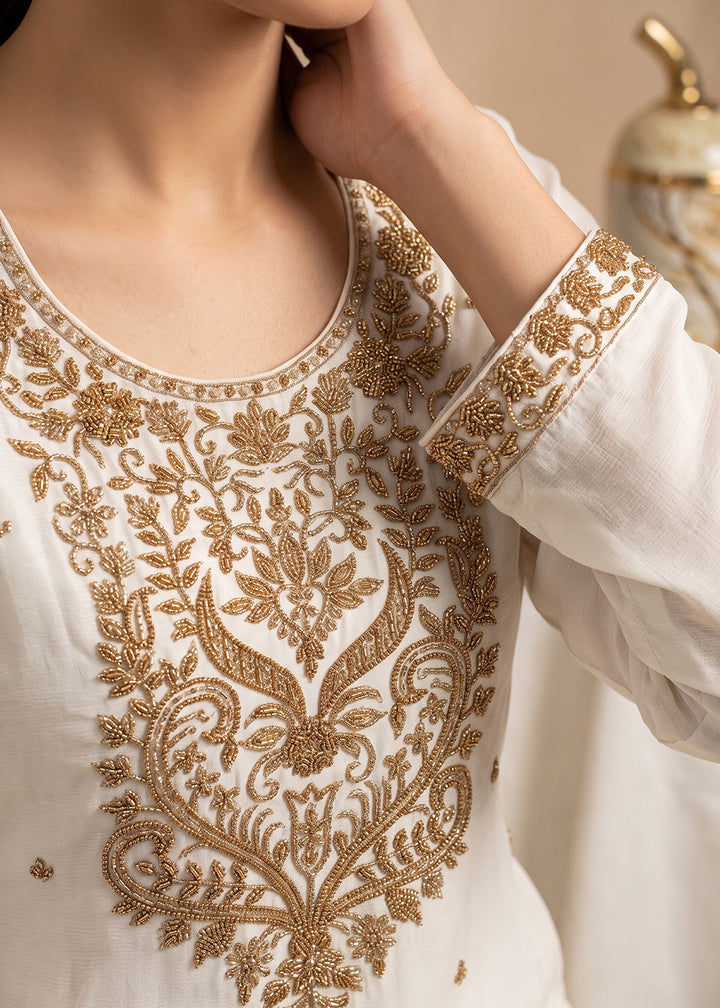 Off White Ivory Chinon Silk Palazzo Suit Set with Zardozi Paisley Embroidery