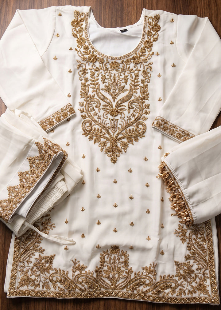 Off White Ivory Chinon Silk Palazzo Suit Set with Zardozi Paisley Embroidery