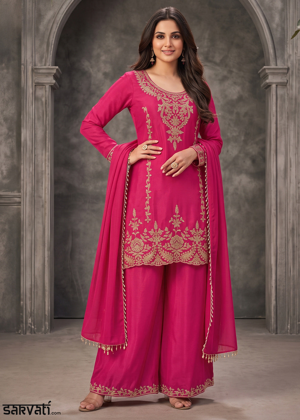 Magenta Pink Chinon Silk Palazzo Suit with Pearl &amp; Bead Artistry