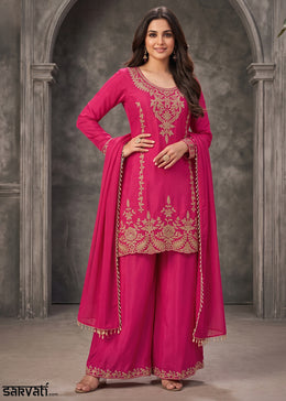 Magenta Pink Chinon Silk Palazzo Suit with Pearl & Bead Artistry