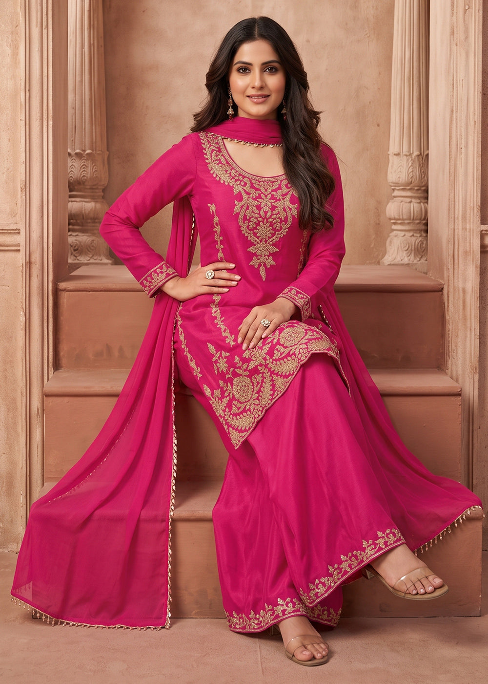 Magenta Pink Chinon Silk Palazzo Suit with Pearl & Bead Artistry