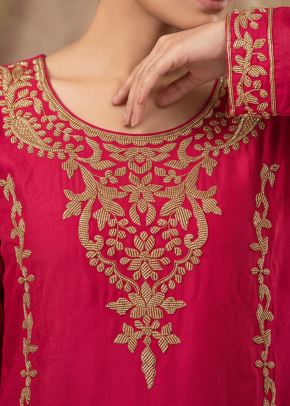 Magenta Pink Chinon Silk Palazzo Suit with Pearl &amp; Bead Artistry