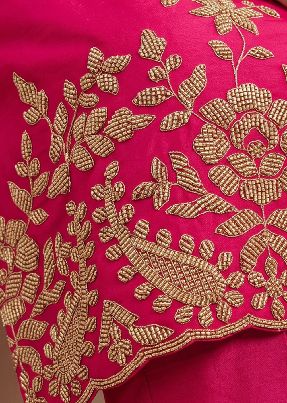 Magenta Pink Chinon Silk Palazzo Suit with Pearl &amp; Bead Artistry