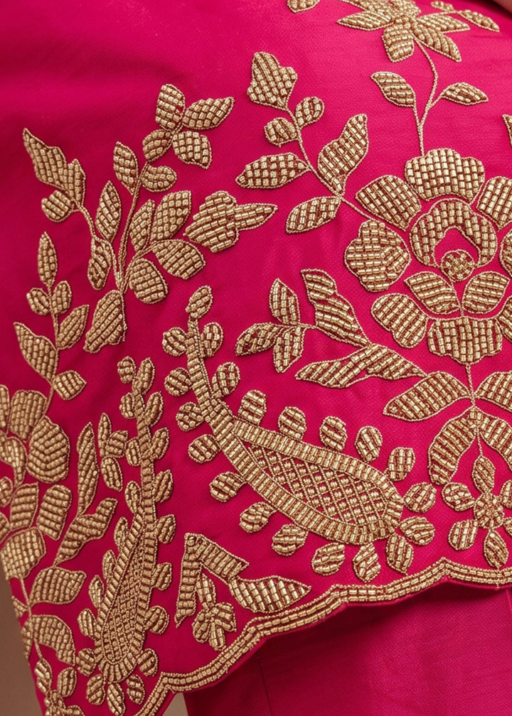 Magenta Pink Chinon Silk Palazzo Suit with Pearl &amp; Bead Artistry