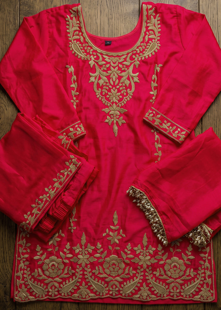 Magenta Pink Chinon Silk Palazzo Suit with Pearl &amp; Bead Artistry