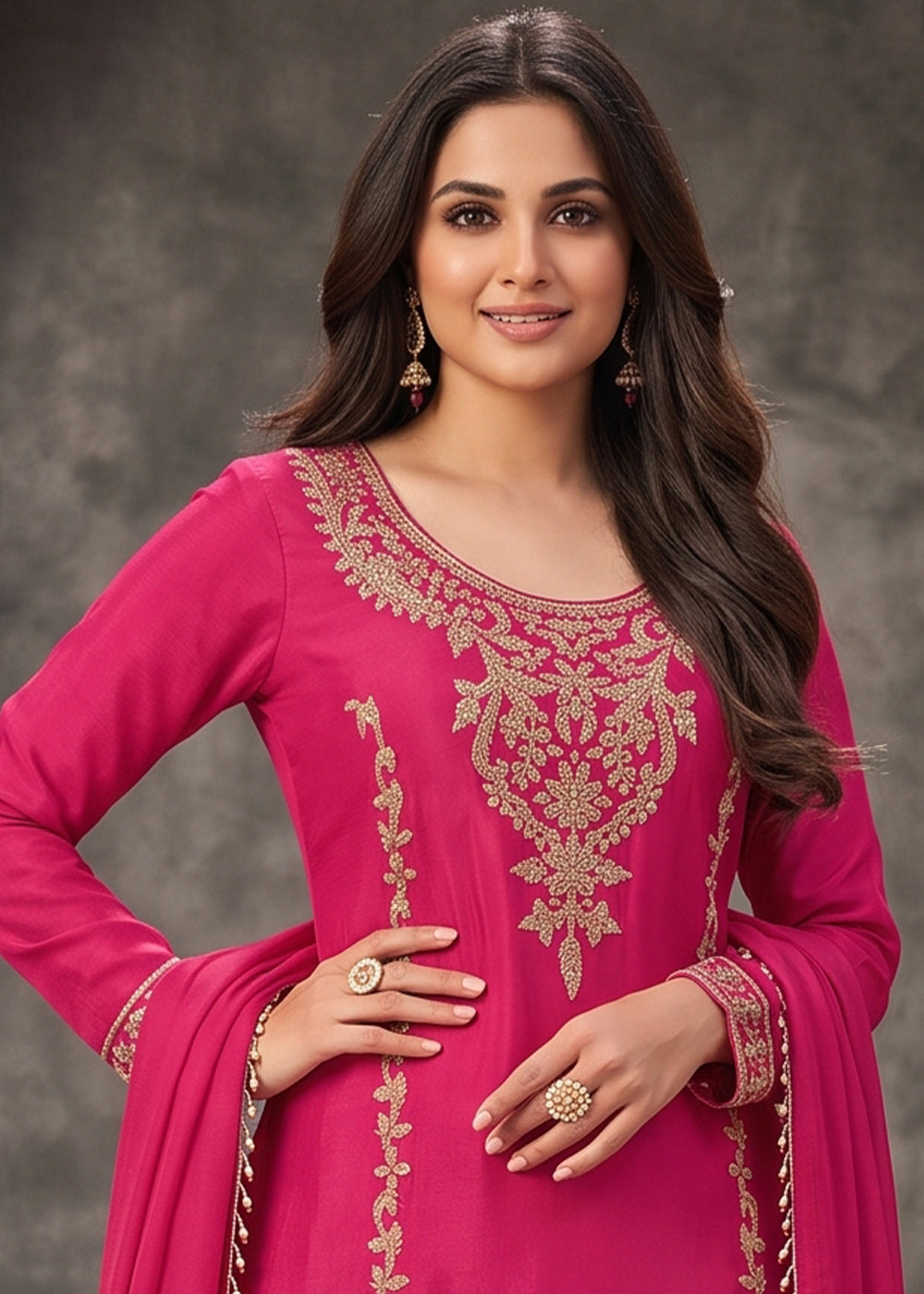 Magenta Pink Chinon Silk Palazzo Suit with Pearl &amp; Bead Artistry