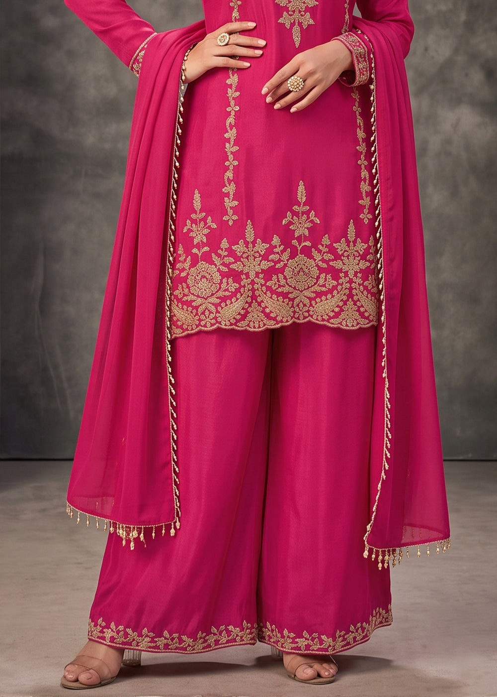 Magenta Pink Chinon Silk Palazzo Suit with Pearl &amp; Bead Artistry