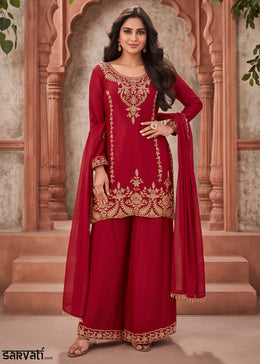Crimson Red Chinon Silk Palazzo Suit with Pearl & Bead Artistry