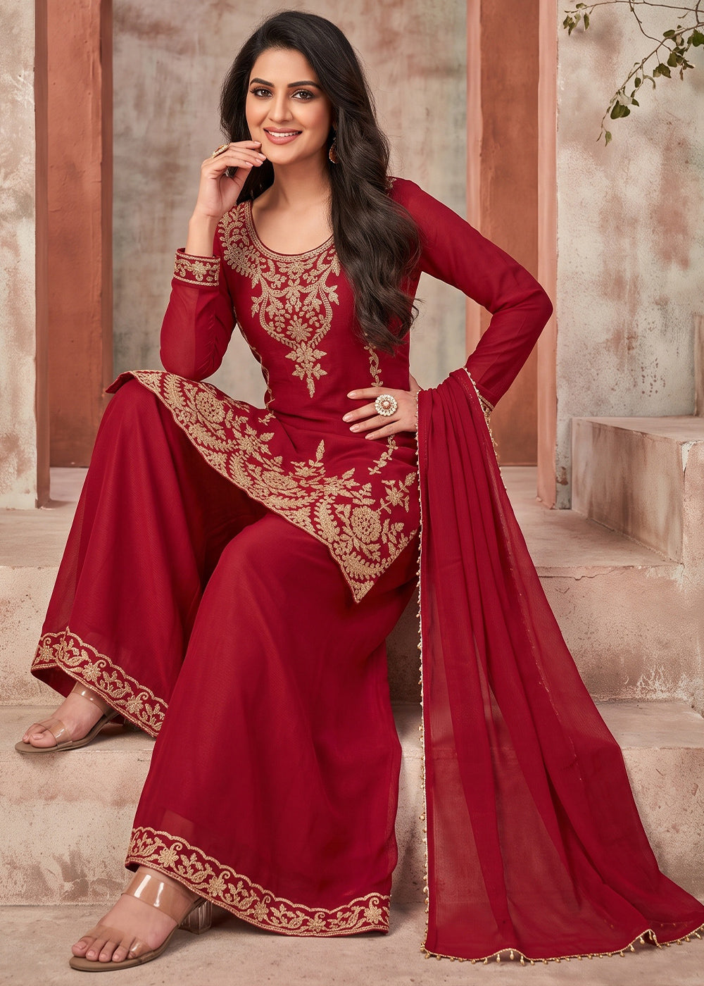 Crimson Red Chinon Silk Palazzo Suit with Pearl &amp; Bead Artistry