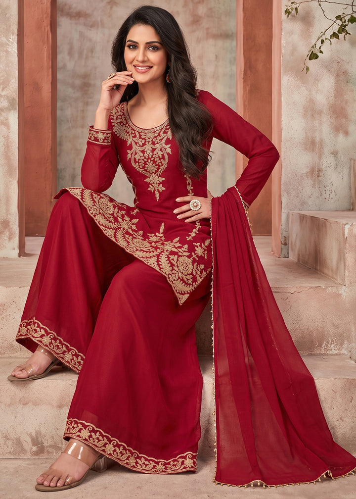 Crimson Red Chinon Silk Palazzo Suit with Pearl &amp; Bead Artistry