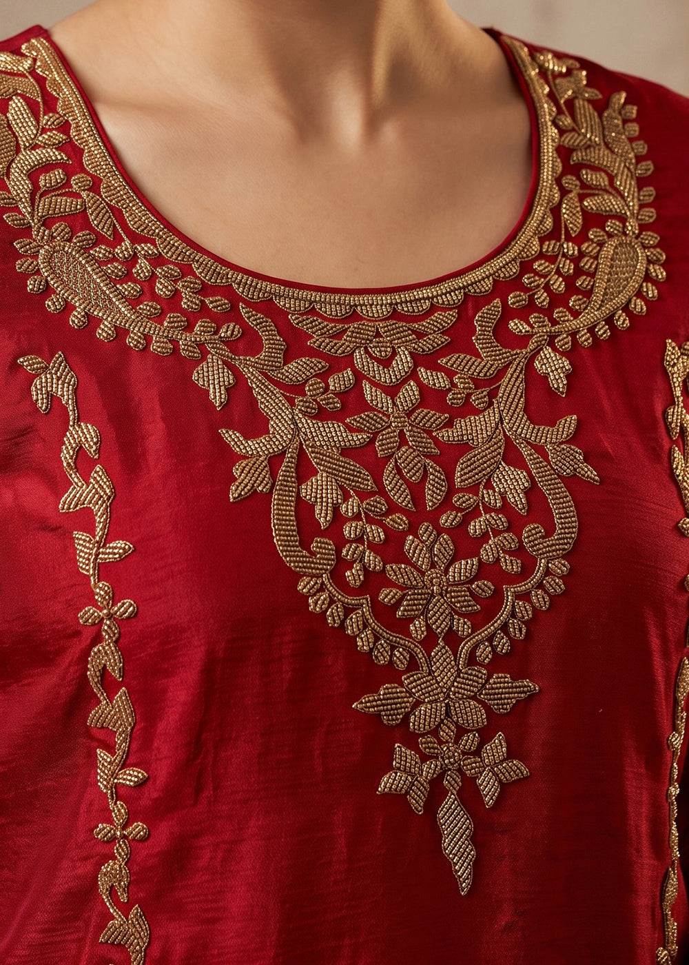 Crimson Red Chinon Silk Palazzo Suit with Pearl &amp; Bead Artistry