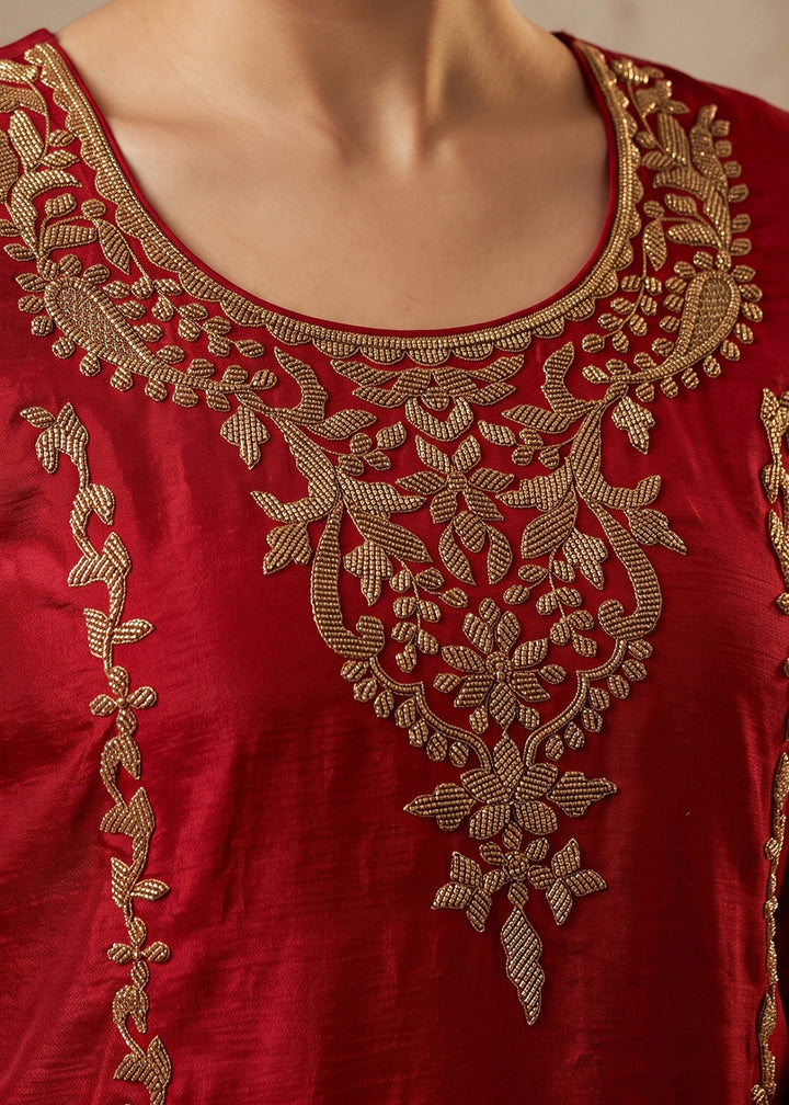 Crimson Red Chinon Silk Palazzo Suit with Pearl &amp; Bead Artistry