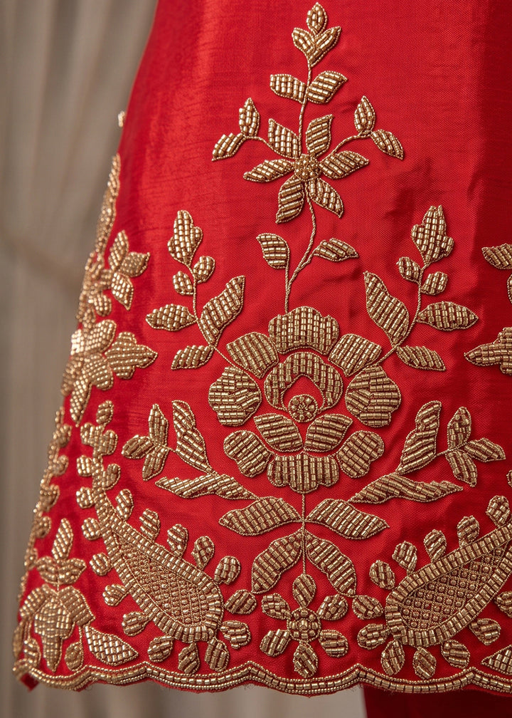 Crimson Red Chinon Silk Palazzo Suit with Pearl &amp; Bead Artistry