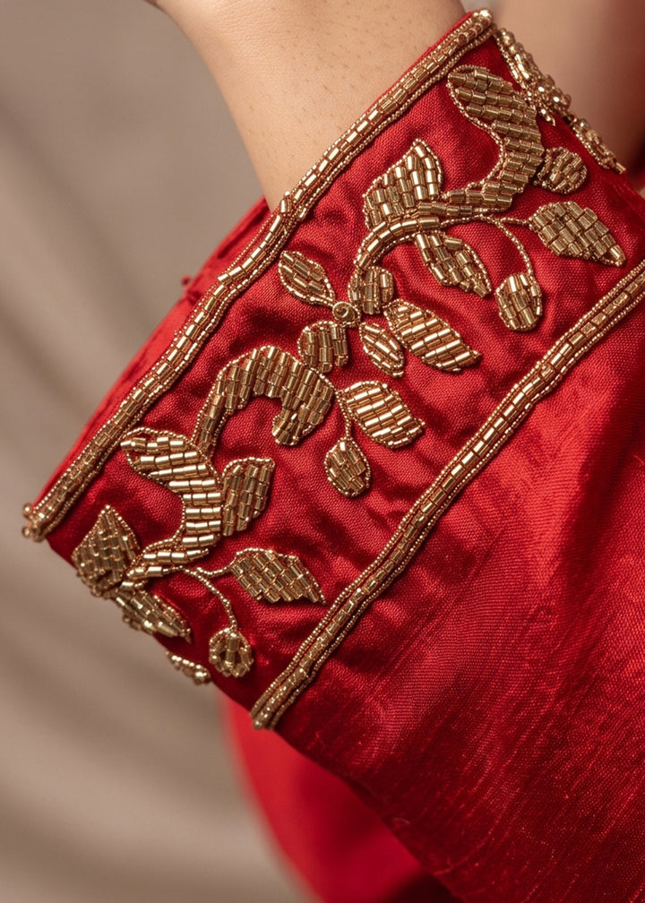 Crimson Red Chinon Silk Palazzo Suit with Pearl &amp; Bead Artistry