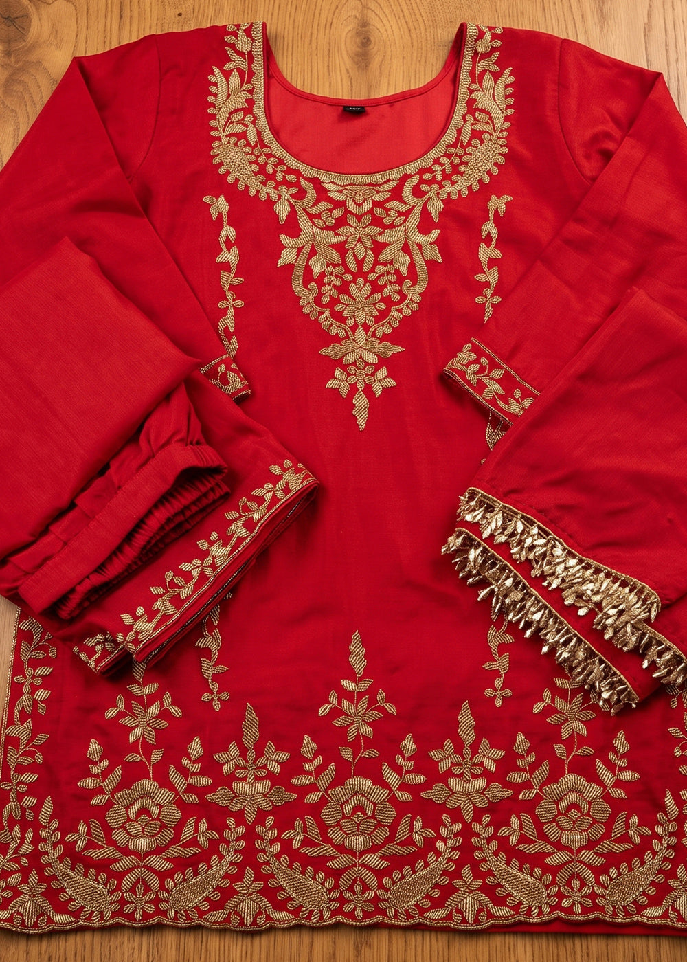 Crimson Red Chinon Silk Palazzo Suit with Pearl &amp; Bead Artistry
