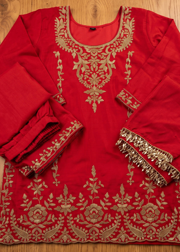 Crimson Red Chinon Silk Palazzo Suit with Pearl &amp; Bead Artistry