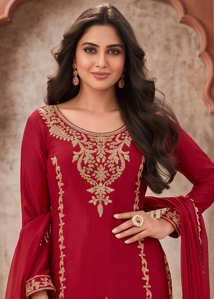 Crimson Red Chinon Silk Palazzo Suit with Pearl &amp; Bead Artistry