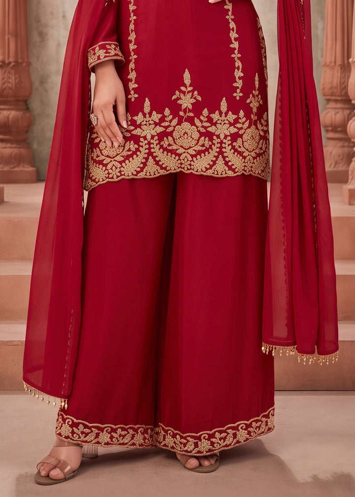 Crimson Red Chinon Silk Palazzo Suit with Pearl &amp; Bead Artistry