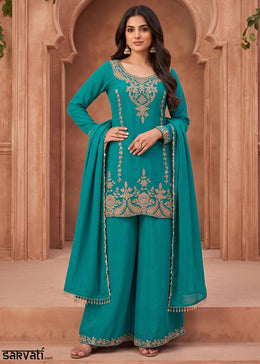 Cerulean Blue Chinon Silk Palazzo Suit with Pearl & Bead Artistry