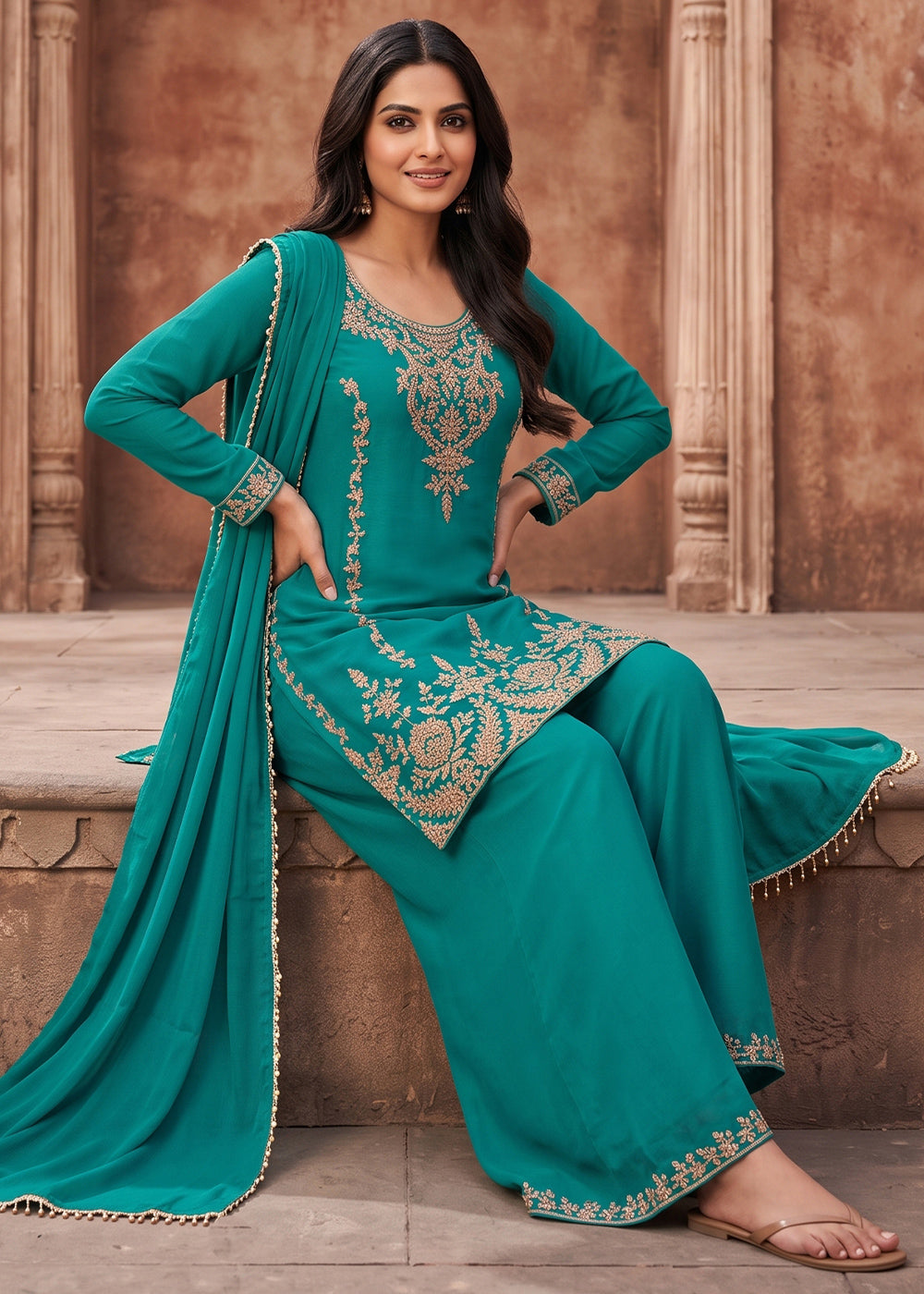 Cerulean Blue Chinon Silk Palazzo Suit with Pearl & Bead Artistry