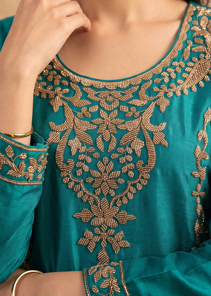 Cerulean Blue Chinon Silk Palazzo Suit with Pearl &amp; Bead Artistry