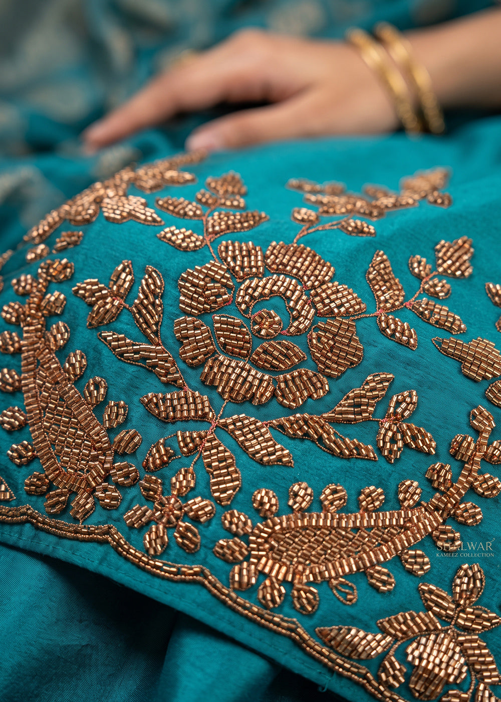 Cerulean Blue Chinon Silk Palazzo Suit with Pearl &amp; Bead Artistry