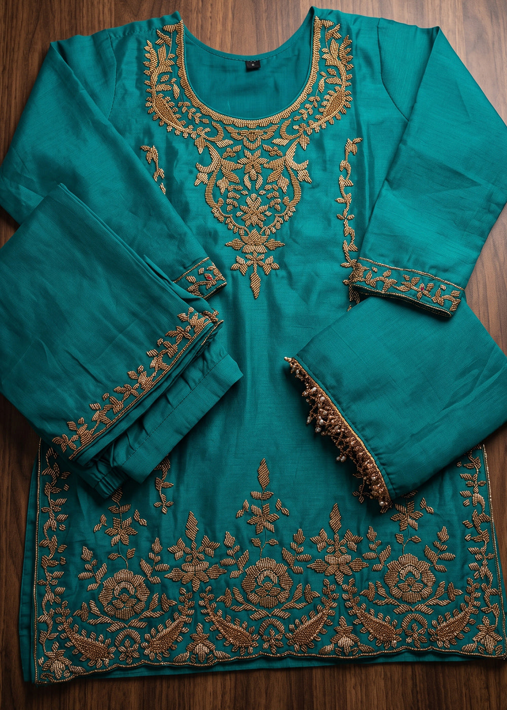 Cerulean Blue Chinon Silk Palazzo Suit with Pearl &amp; Bead Artistry
