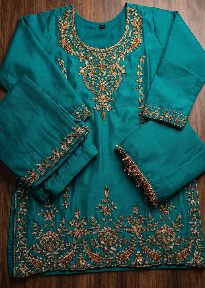 Cerulean Blue Chinon Silk Palazzo Suit with Pearl &amp; Bead Artistry