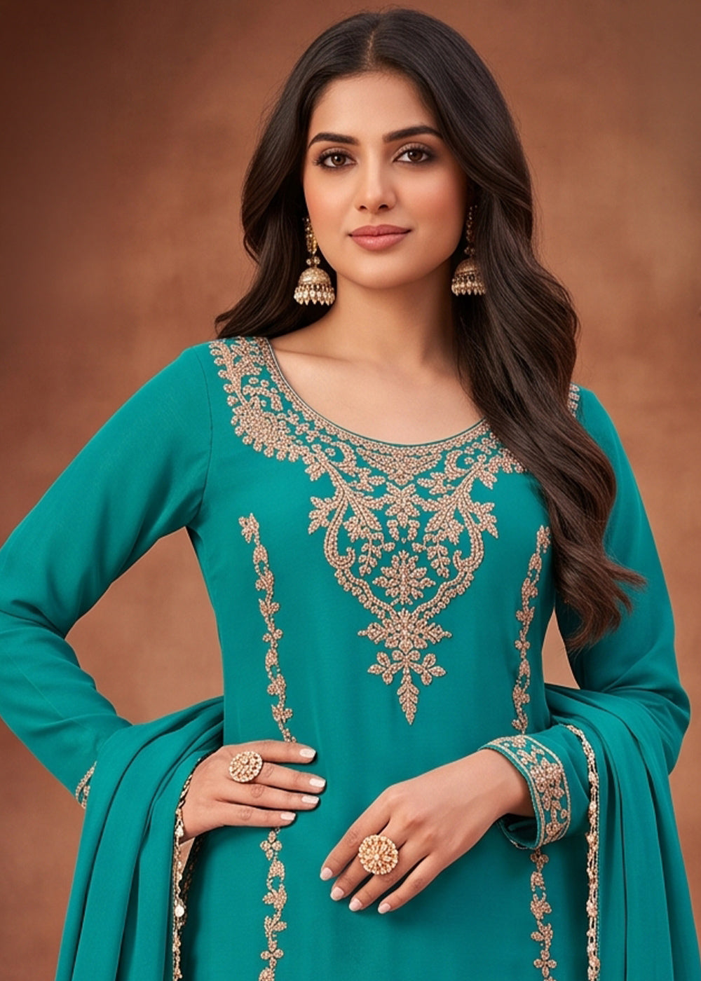 Cerulean Blue Chinon Silk Palazzo Suit with Pearl &amp; Bead Artistry