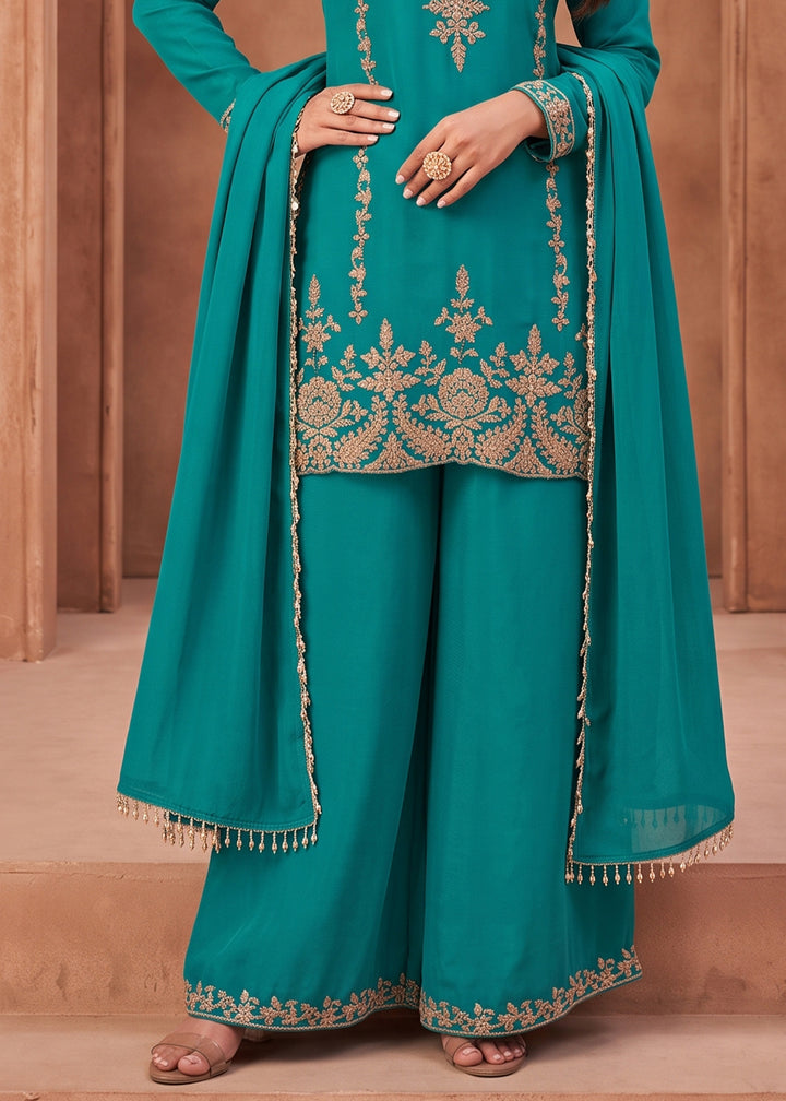 Cerulean Blue Chinon Silk Palazzo Suit with Pearl &amp; Bead Artistry