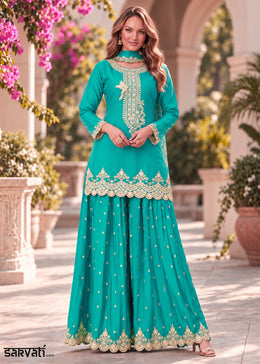 Turquoise Blue Chinon Silk Palazzo Suit Set with Zari & Sequin Embroidery