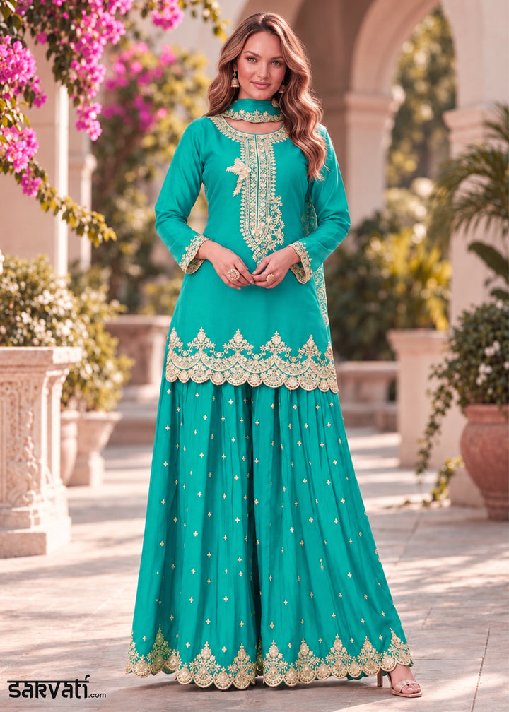 Turquoise Blue Chinon Silk Palazzo Suit Set with Zari & Sequin Embroidery