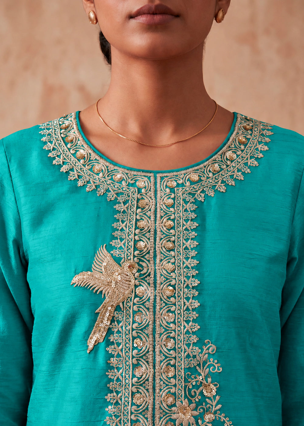 Turquoise Blue Chinon Silk Palazzo Suit Set with Zari & Sequin Embroidery